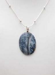 Chain Pendant, Amethyst Sage oval, blue with dendrites